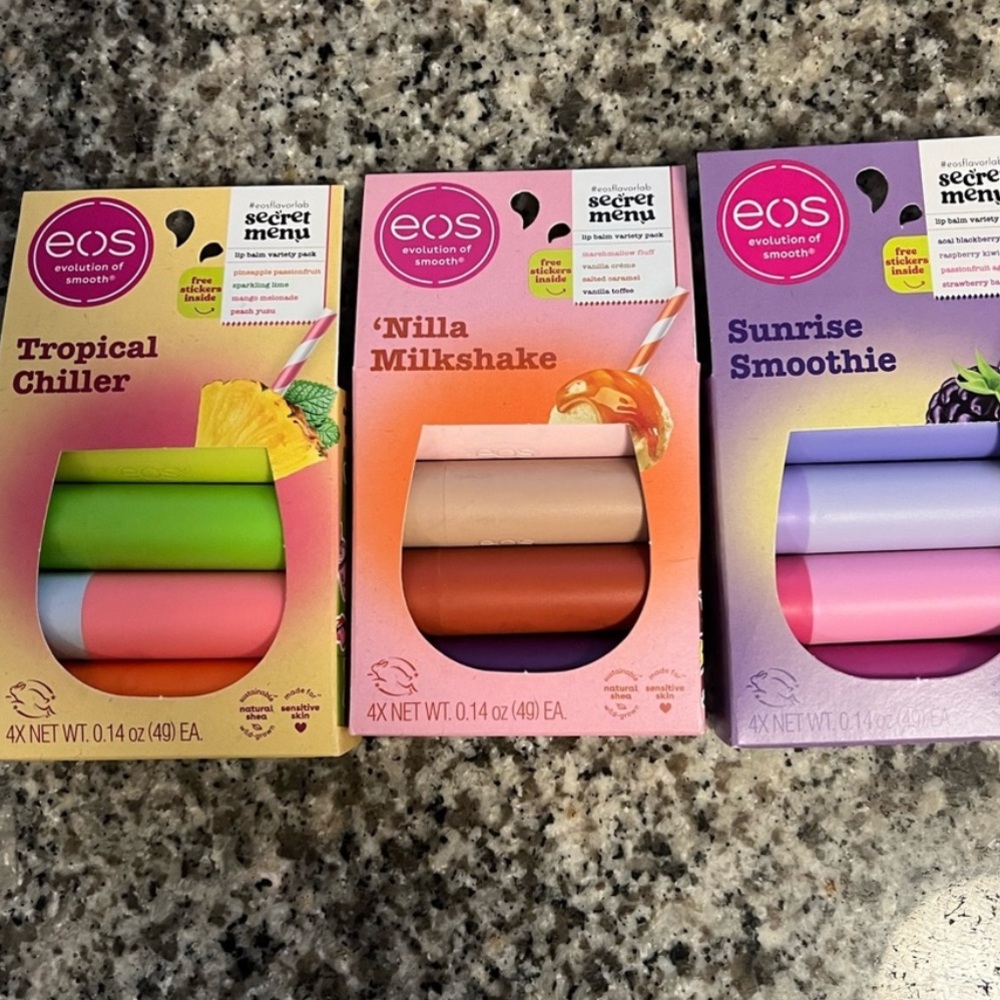 3 EOS Lip Balm Sets - 12 total - “Secret Menu” collection variety packs